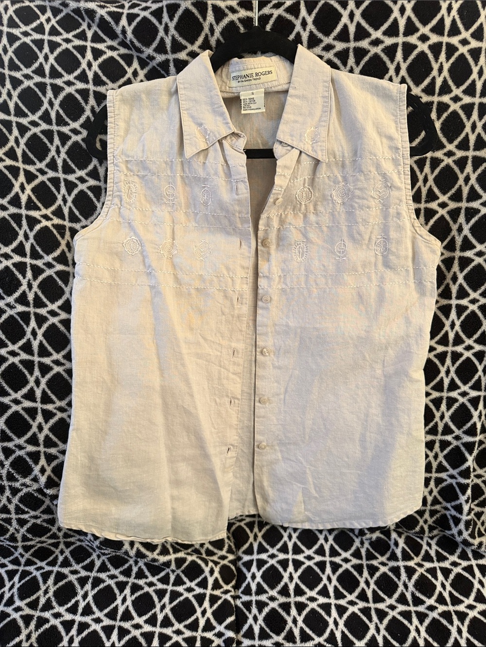 Stephanie Rogers Light Beige Sleeveless Button-Down Top with Embroidery